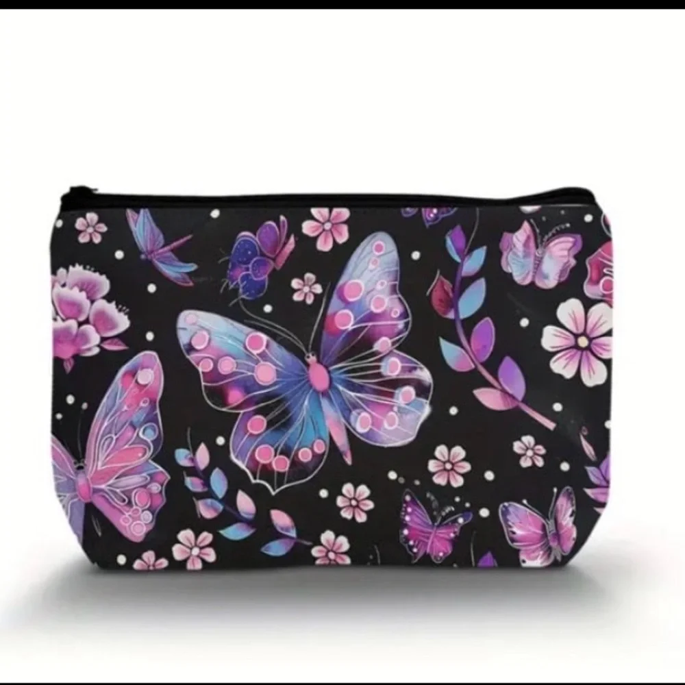 New! Polyester Lightweight Butterfly Design Cosmetic Pouch with Zipper Closure.